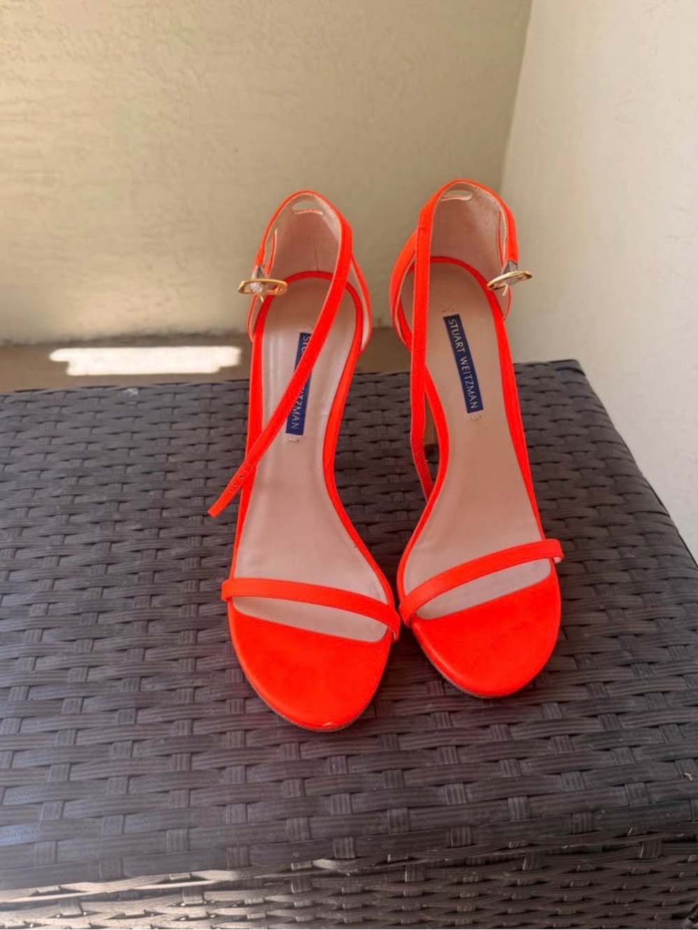 Stuart Weitzman Nudist Ankle Strap Sandal Neon Coral Orange Size 8